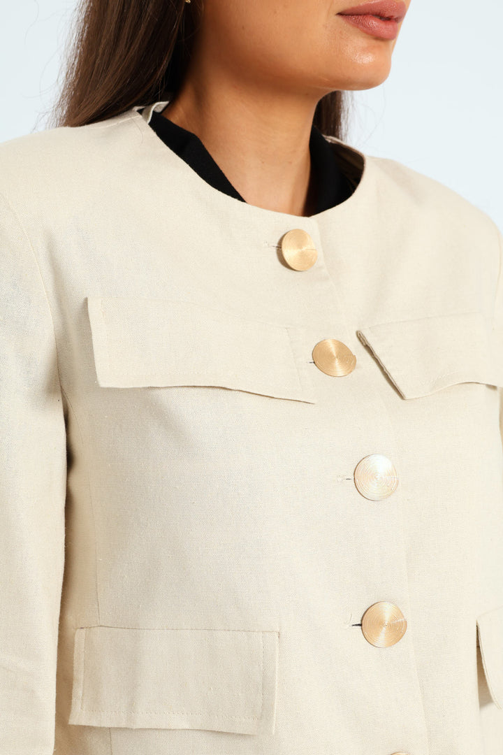 Collarless Linen Blazer - Cream