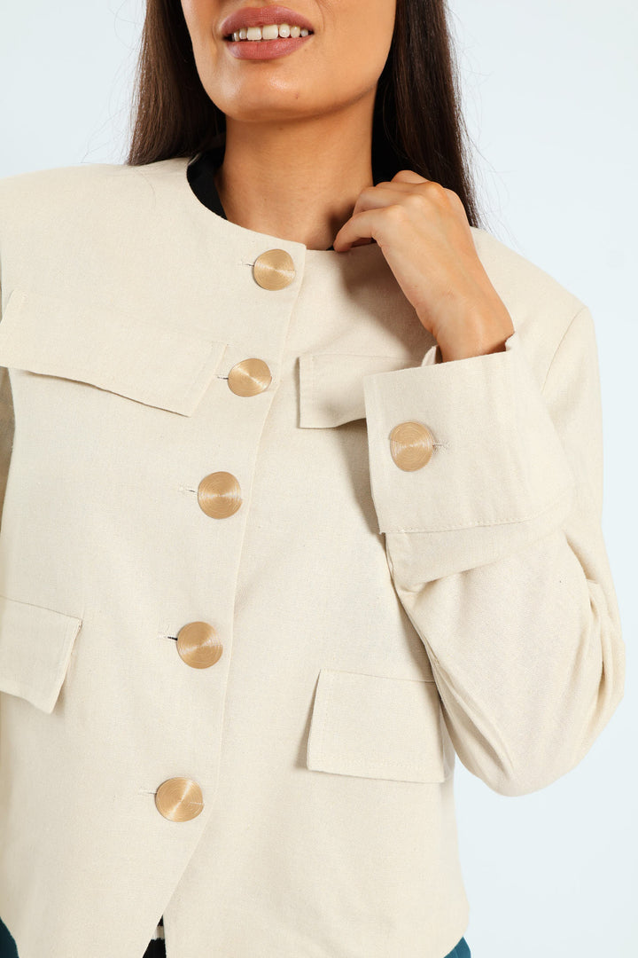Collarless Linen Blazer - Cream