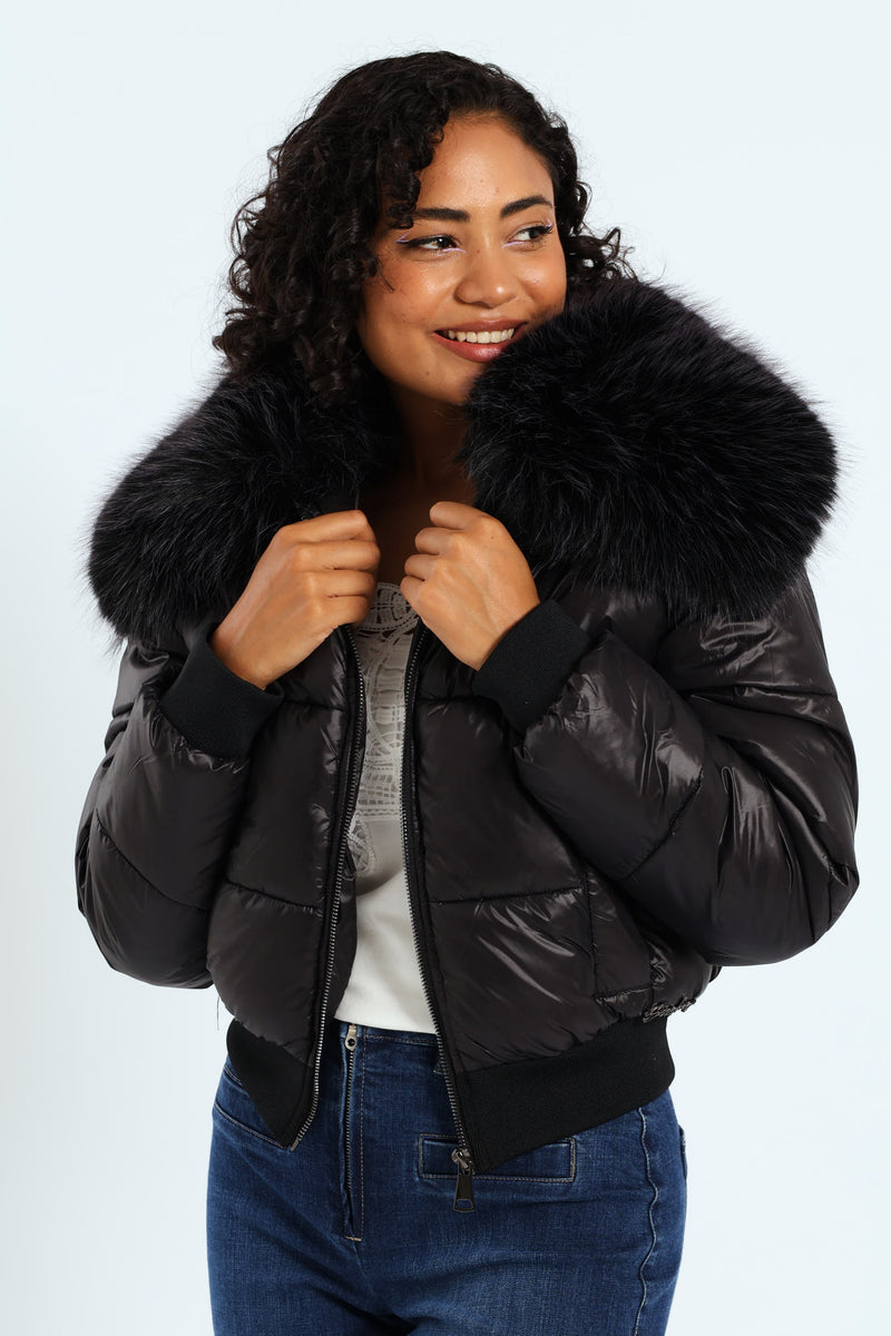 Roll With It Puffer Jacket With Fur Collar - Black