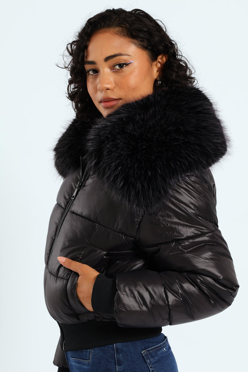 Roll With It Puffer Jacket With Fur Collar - Black