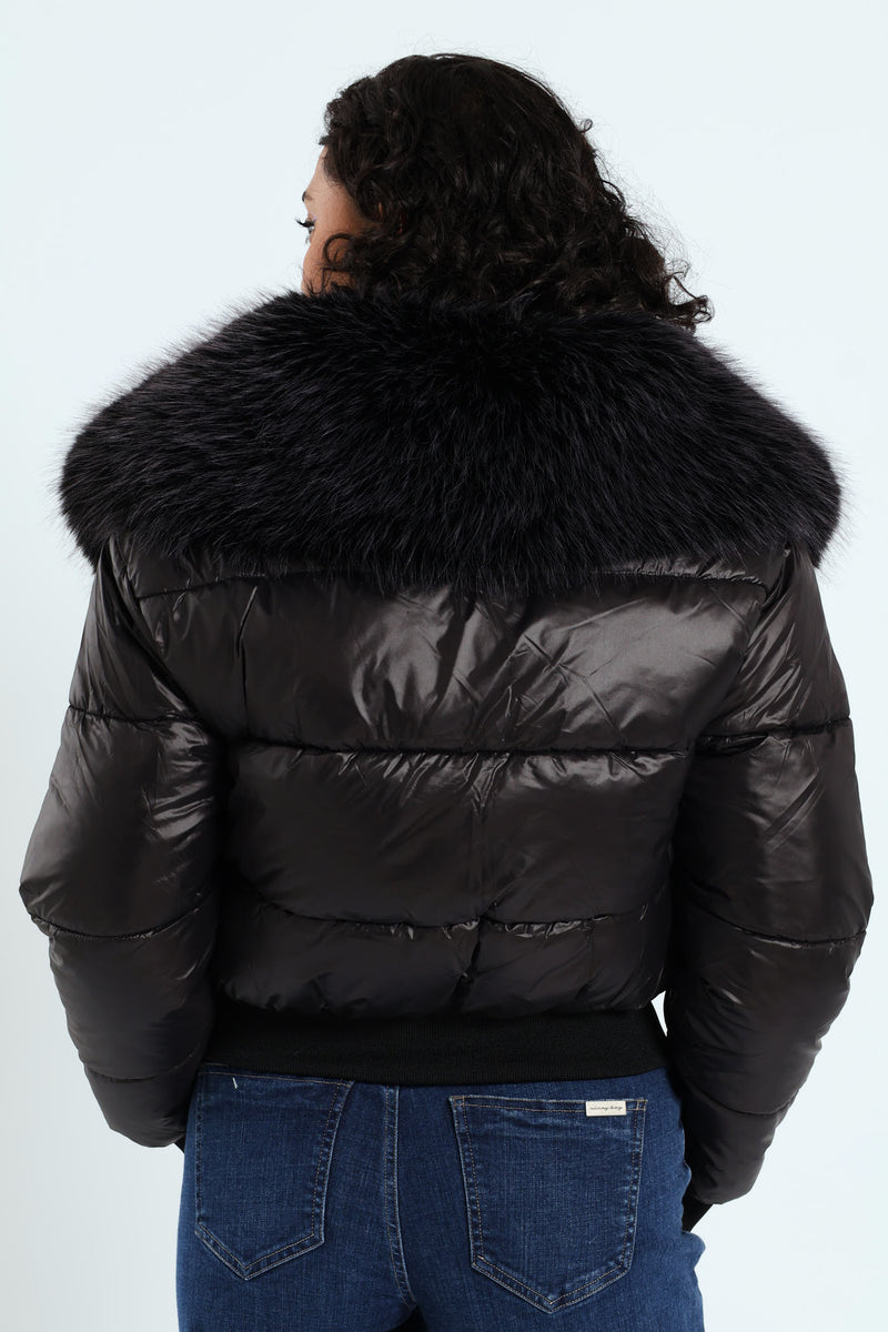 Roll With It Puffer Jacket With Fur Collar - Black