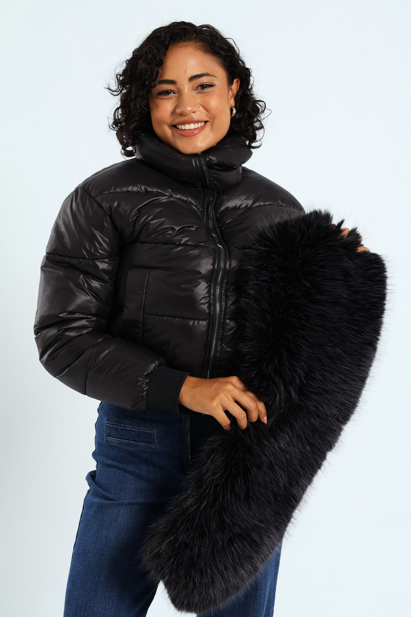 Roll With It Puffer Jacket With Fur Collar - Black