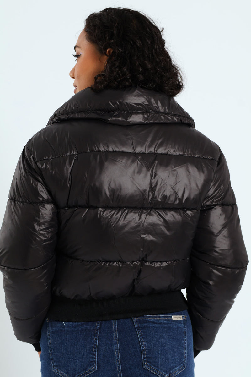 Roll With It Puffer Jacket With Fur Collar - Black