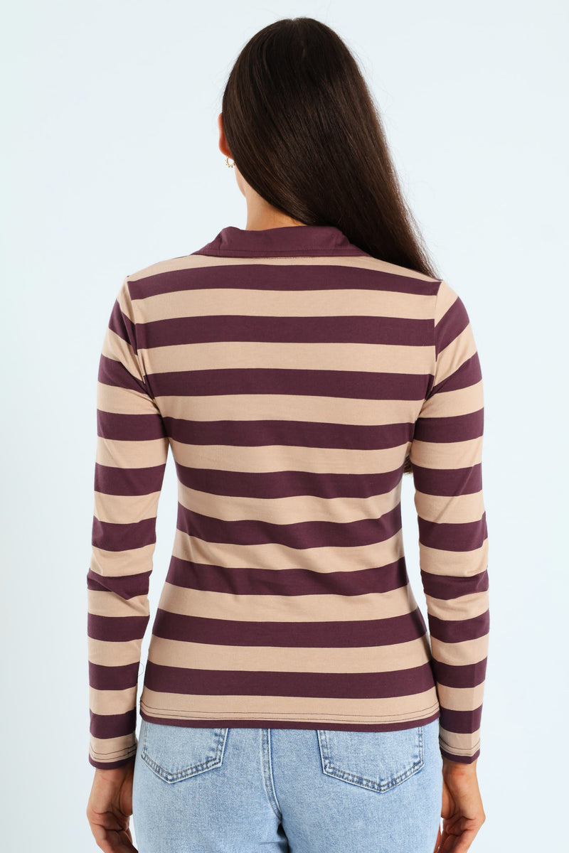 Half Placket Collared Stripe Rugby Top - Burgundy/Brown