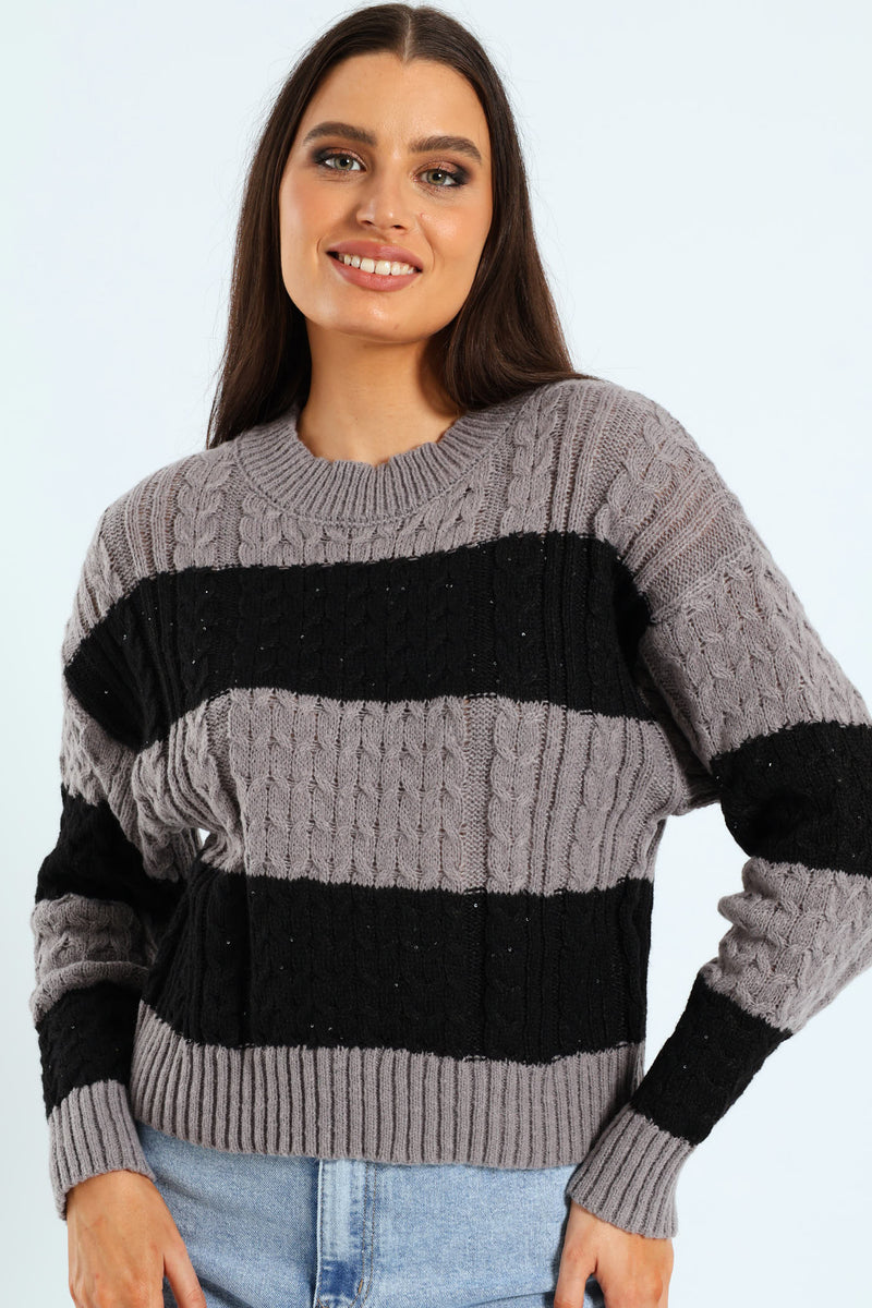 Sequin Stripe Cable Pullover - Black/Grey