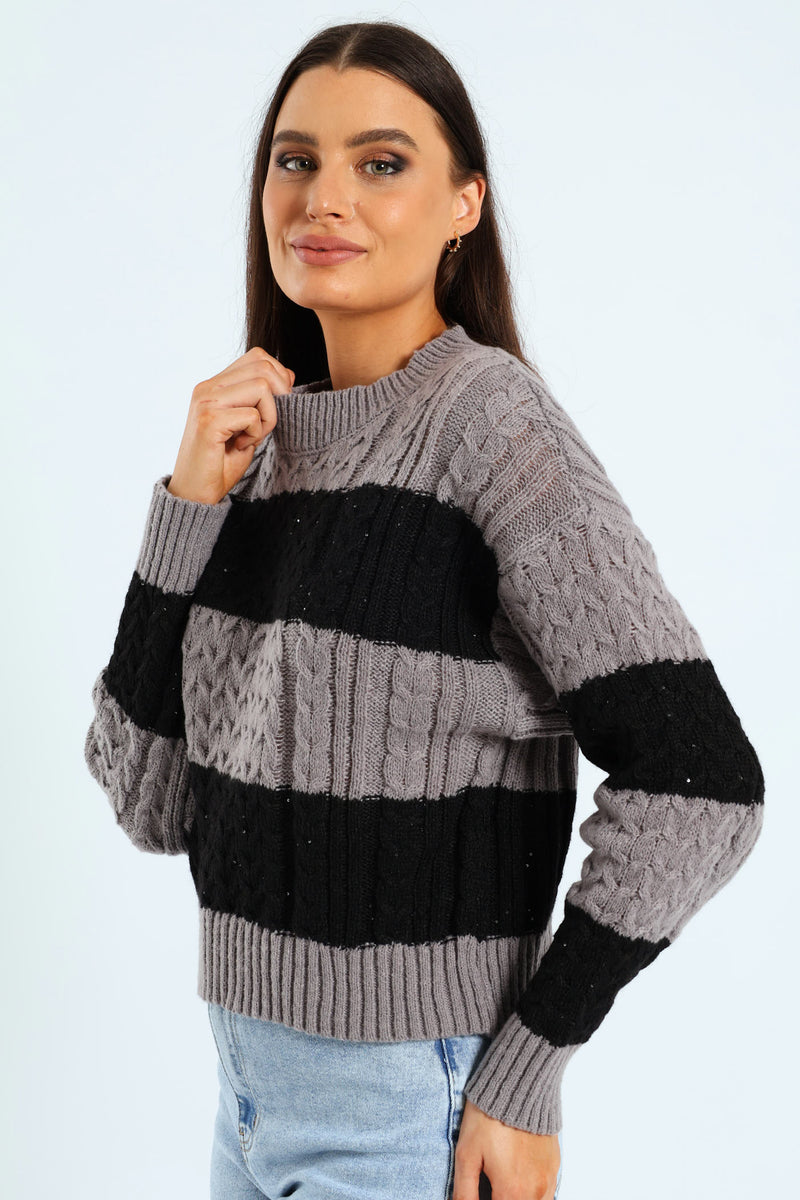 Sequin Stripe Cable Pullover - Black/Grey