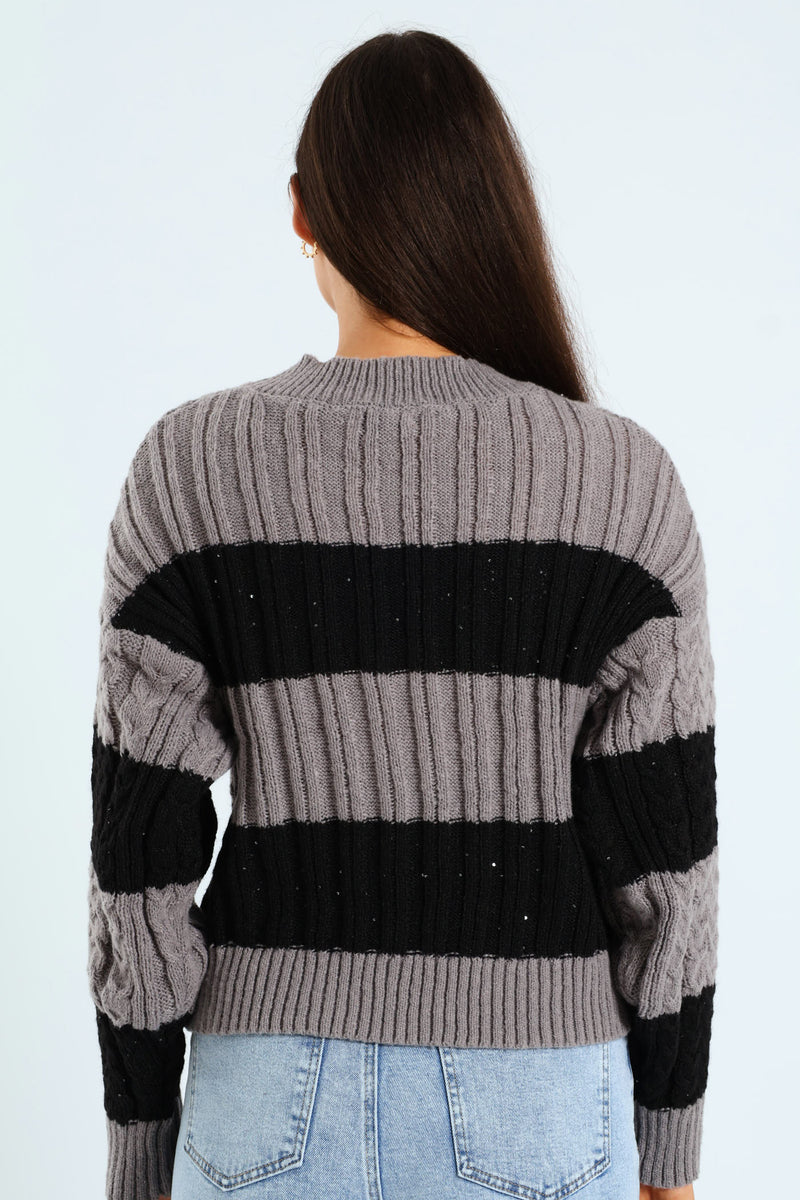 Sequin Stripe Cable Pullover - Black/Grey