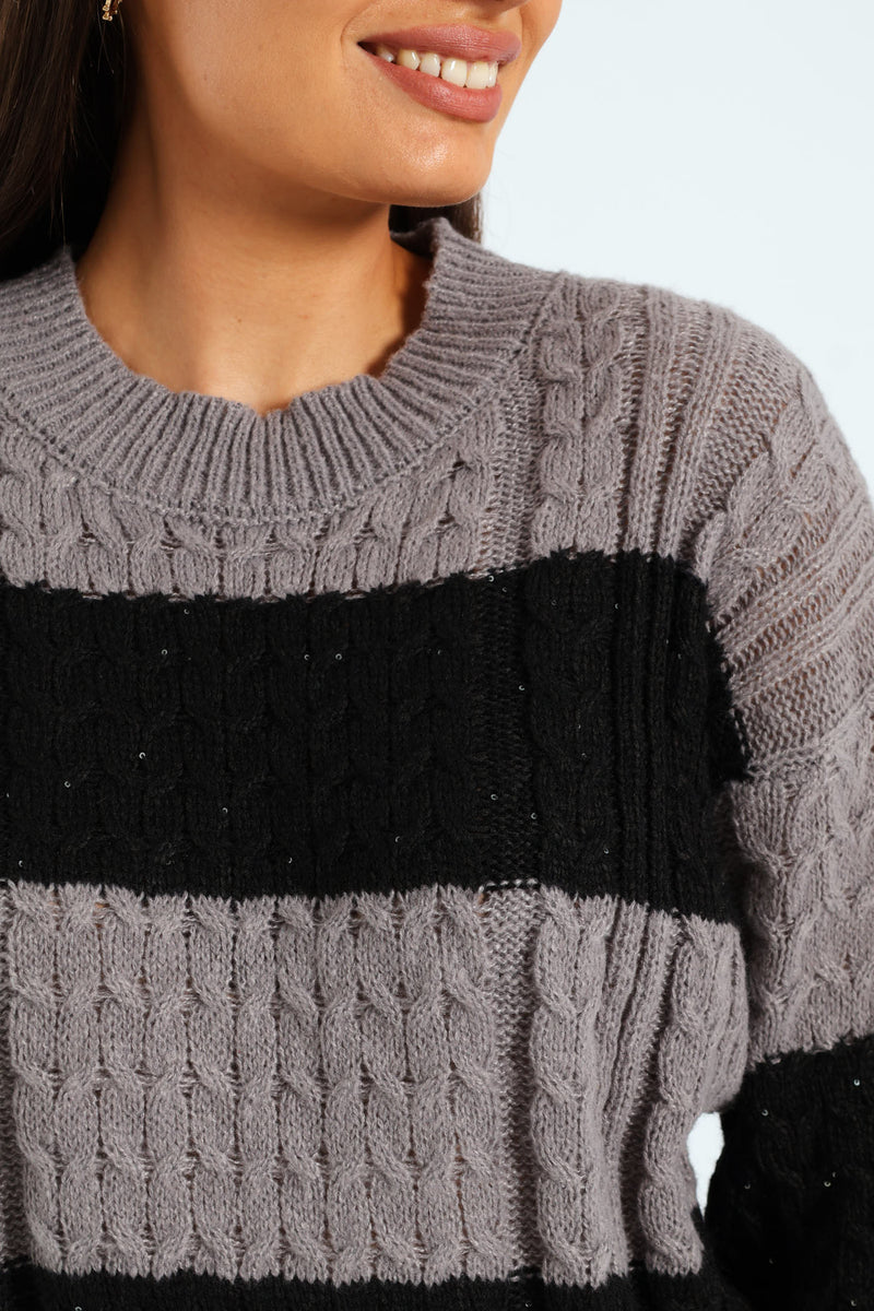 Sequin Stripe Cable Pullover - Black/Grey