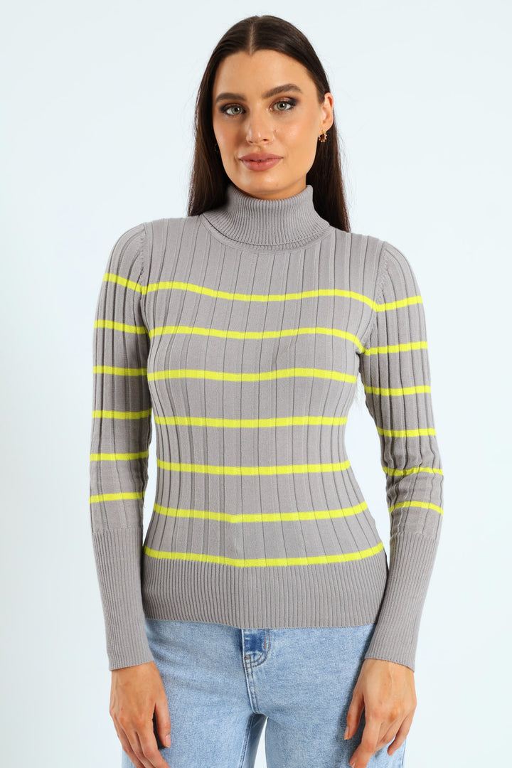 Ribbed Striped Poloneck - Grey/Lime