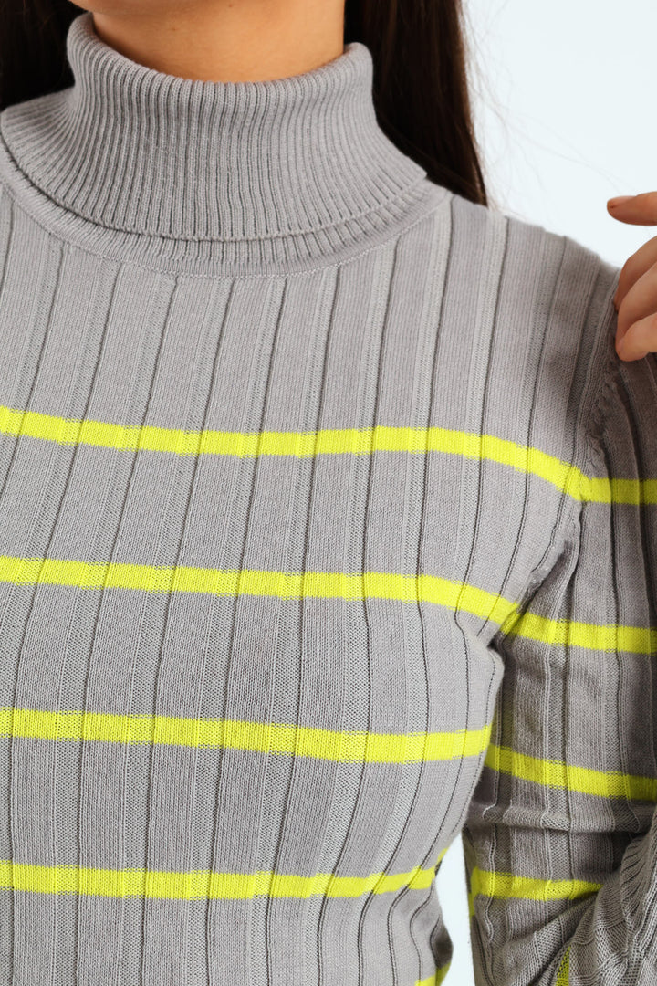 Ribbed Striped Poloneck - Grey/Lime