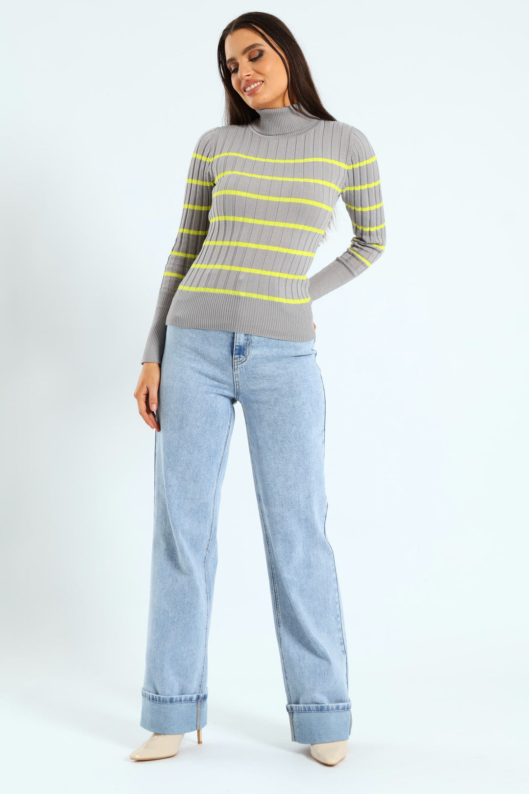 Ribbed Striped Poloneck - Grey/Lime