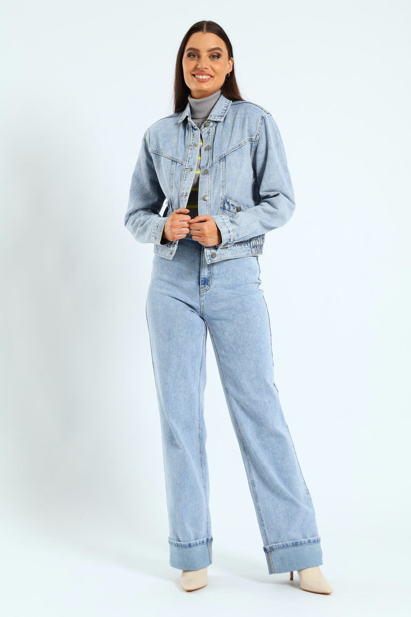 Panelled Denim Bomber Jacket - Light Wash