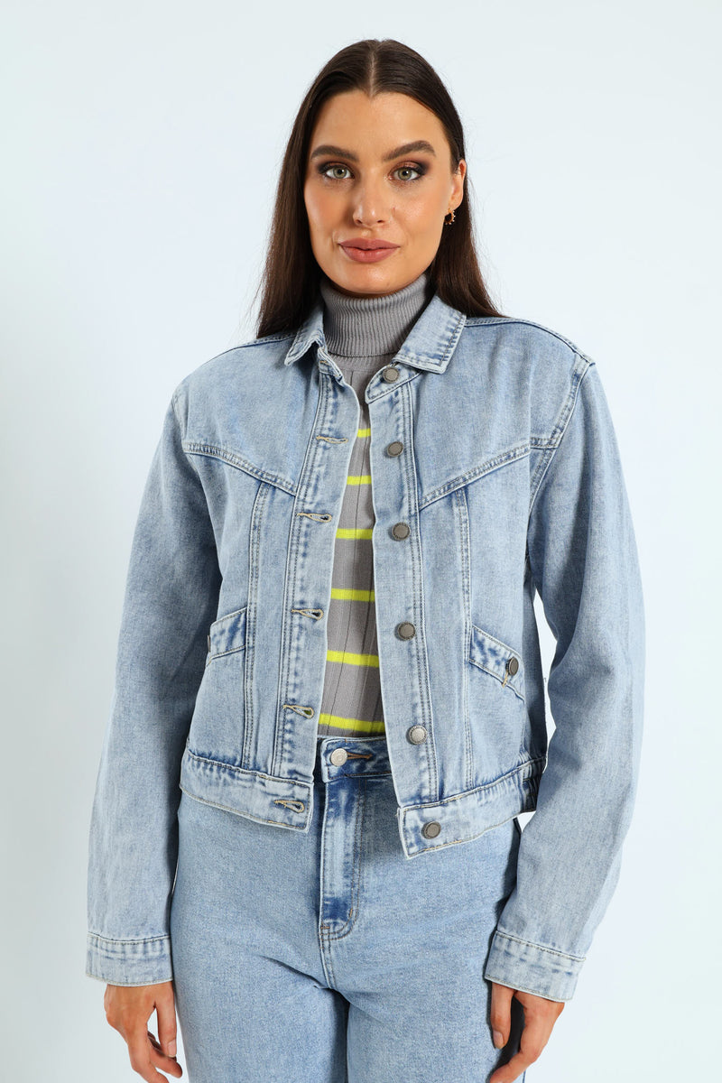 Panelled Denim Bomber Jacket - Light Wash