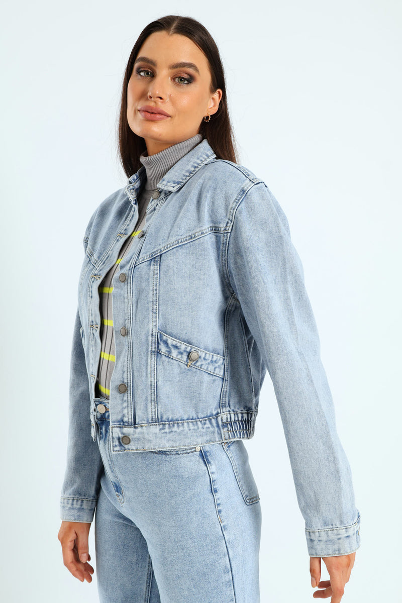 Panelled Denim Bomber Jacket - Light Wash