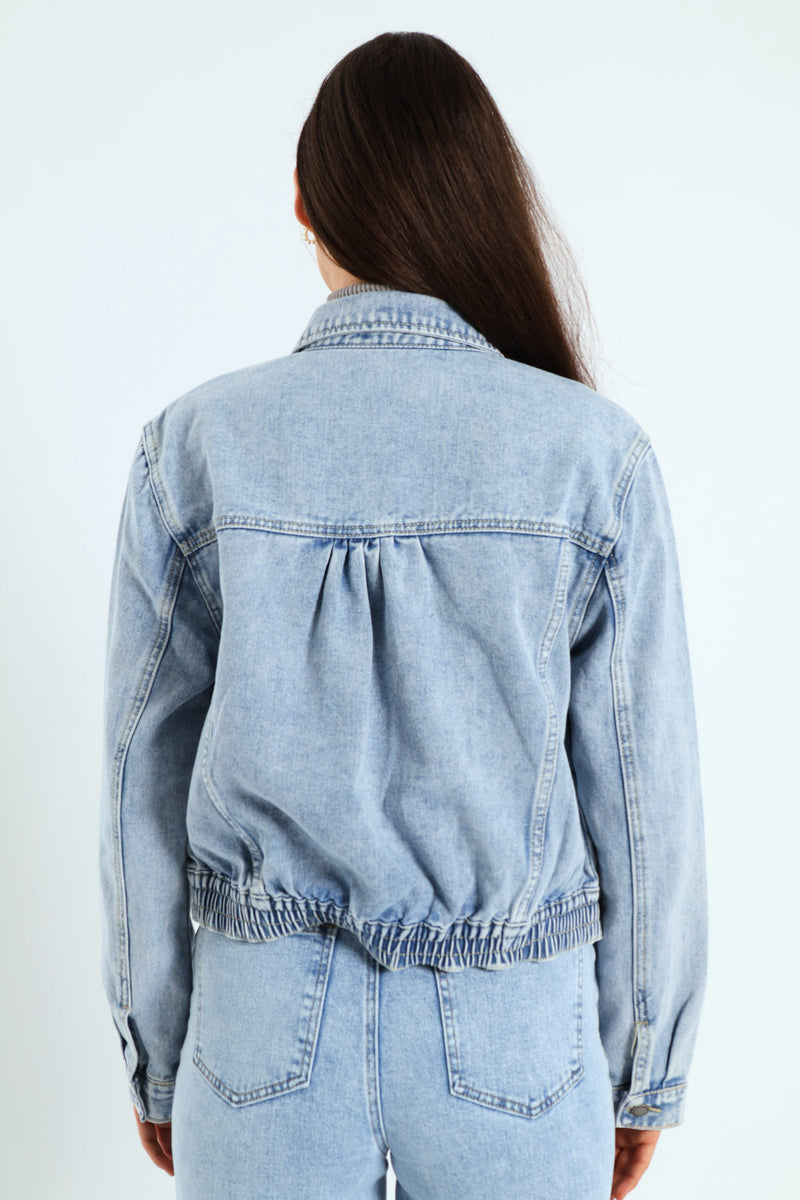 Panelled Denim Bomber Jacket - Light Wash
