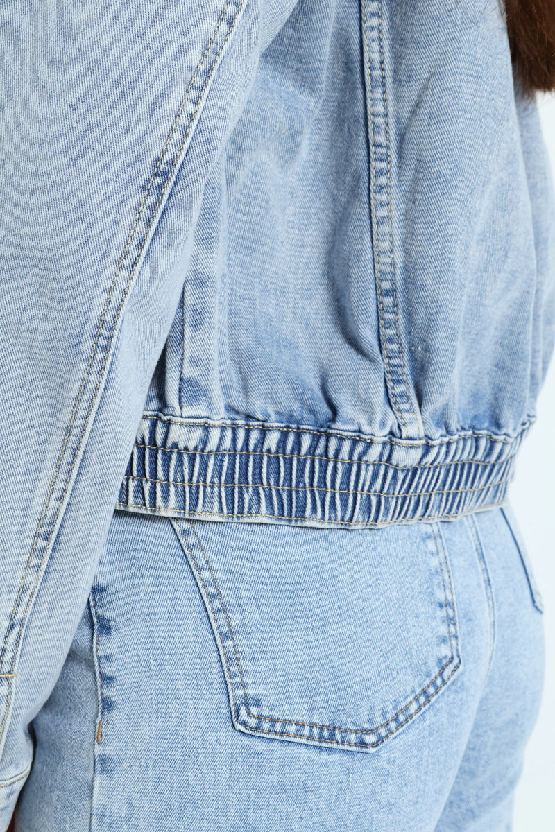 Panelled Denim Bomber Jacket - Light Wash