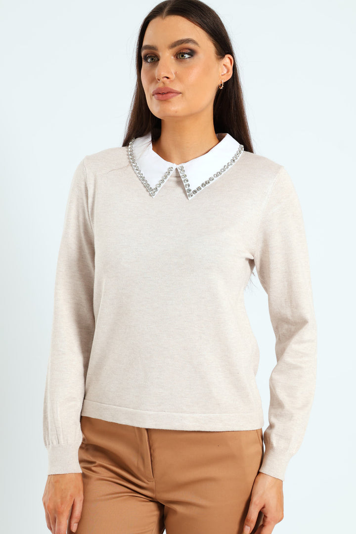 Diamante Preppy Pullover - Oatmeal