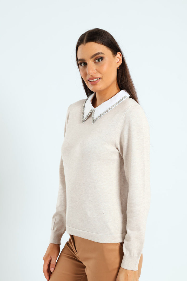 Diamante Preppy Pullover - Oatmeal