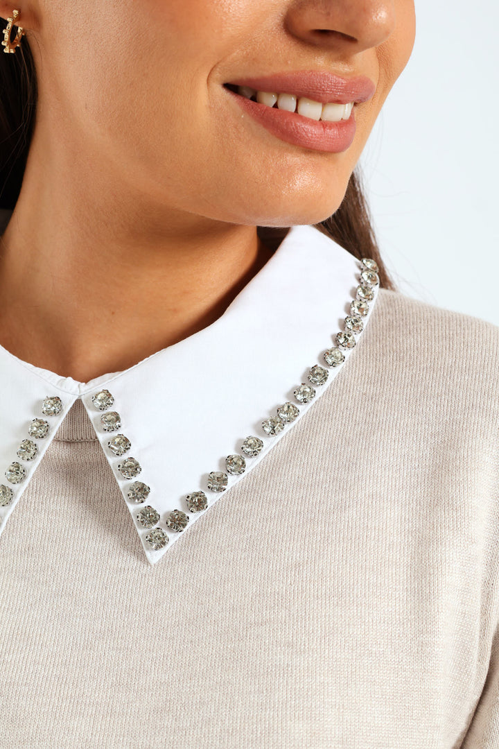 Diamante Preppy Pullover - Oatmeal