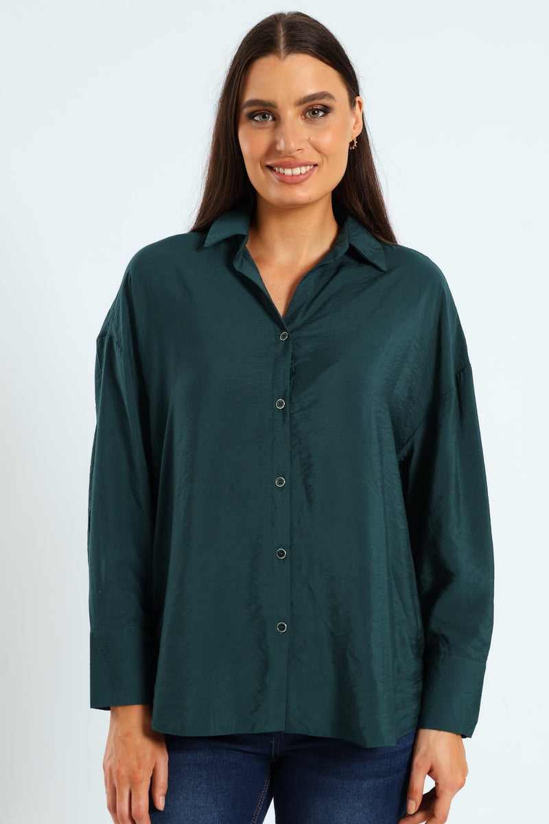 Long Sleeve Peach Finish Relaxed Shirt - Forest Green