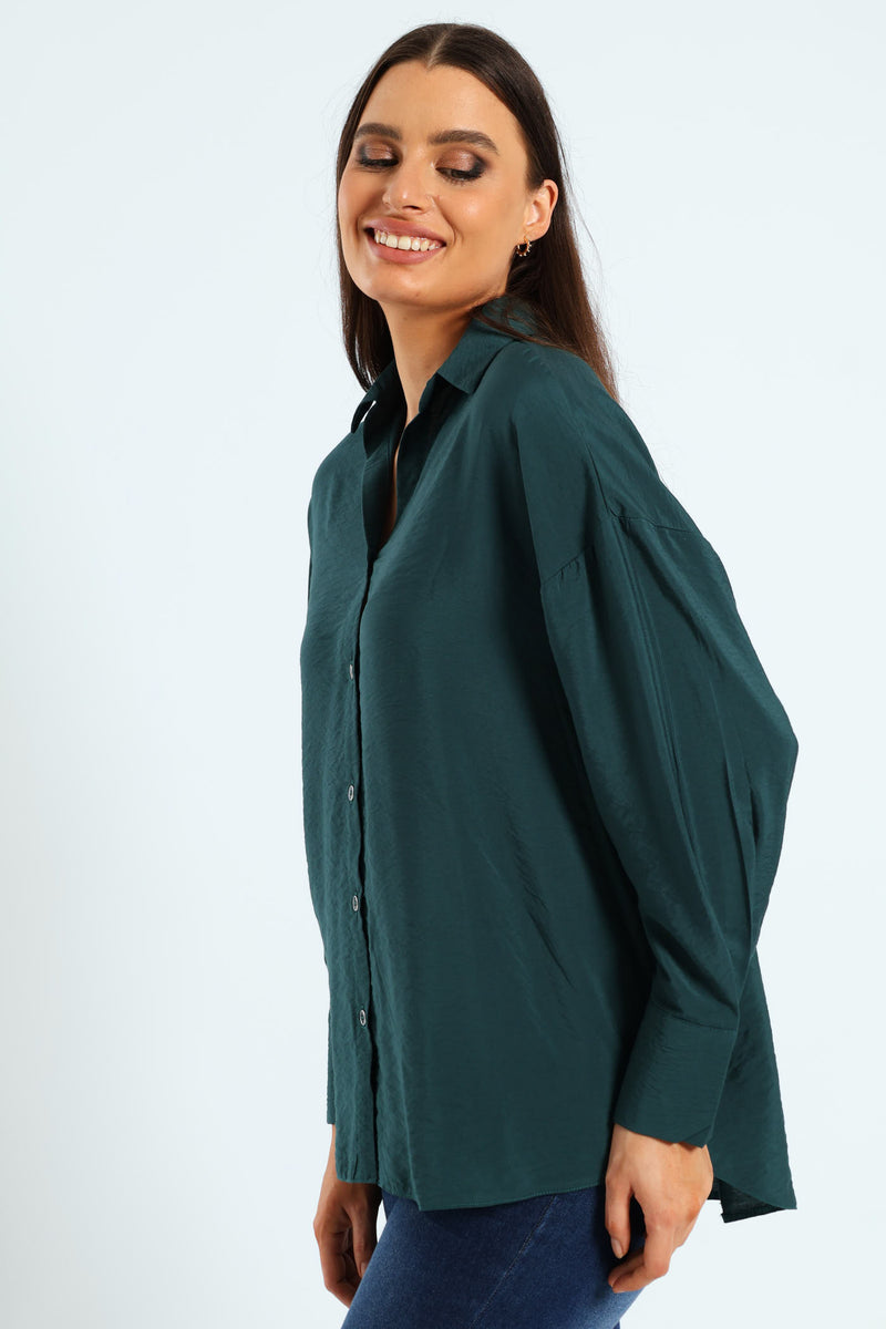 Long Sleeve Peach Finish Relaxed Shirt - Forest Green