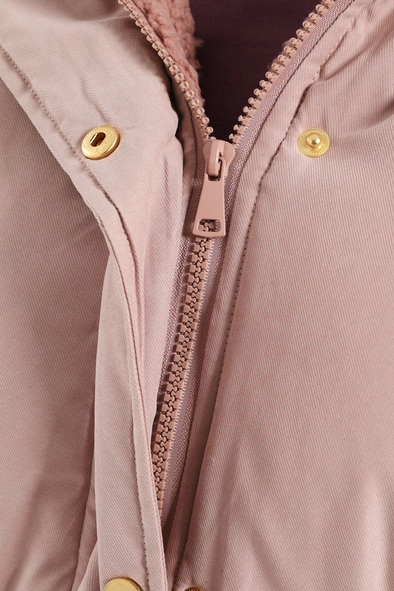 Utility Pocket Fur Trim Parka With Detachable Hood - Mauve