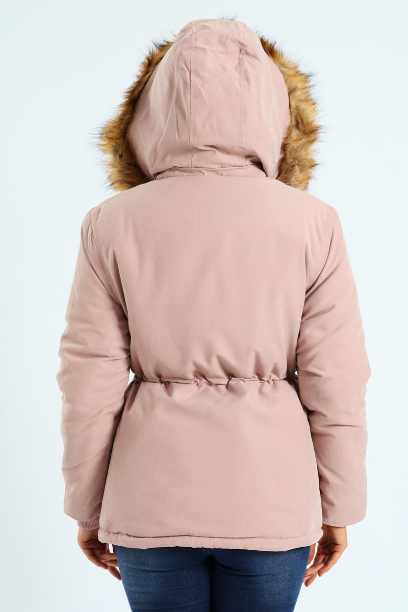 Utility Pocket Fur Trim Parka With Detachable Hood - Mauve