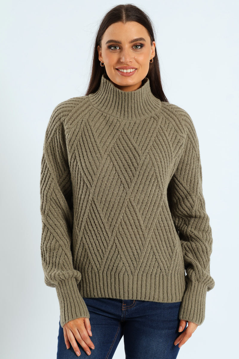 Heavy Yarn Knitwear Diamond Turtleneck - Light Fatigue