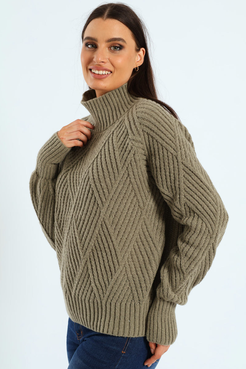 Heavy Yarn Knitwear Diamond Turtleneck - Light Fatigue