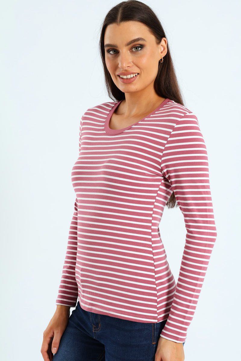 Long Sleeve Cotton Lycra Striped Crew Top - Rose/Cream