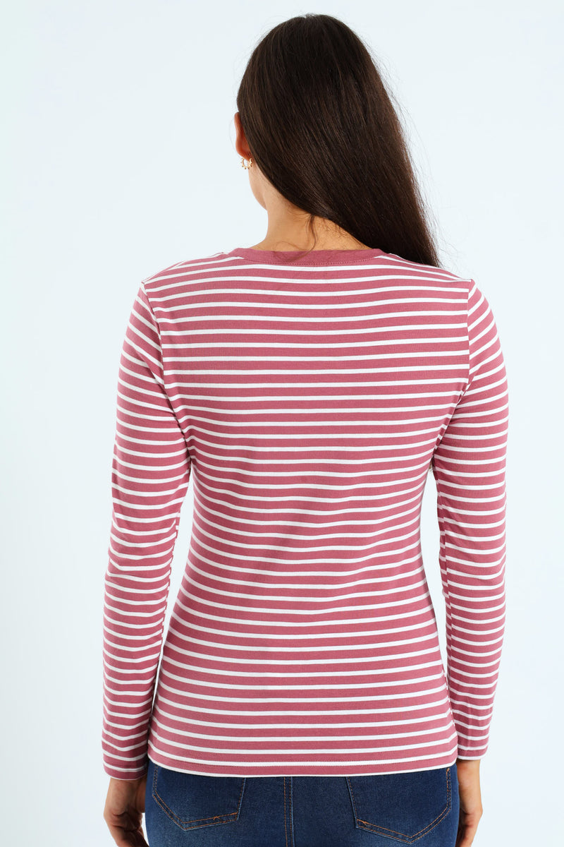 Long Sleeve Cotton Lycra Striped Crew Top - Rose/Cream
