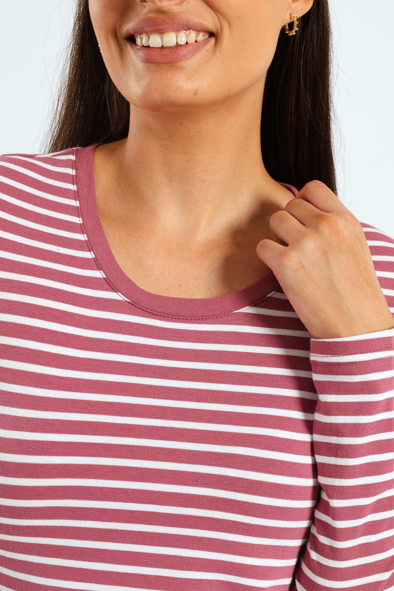 Long Sleeve Cotton Lycra Striped Crew Top - Rose/Cream
