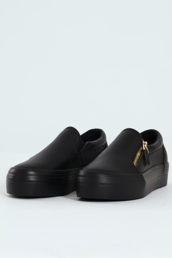 Platform Mono Slip On Sneaker With Side Zip - Black