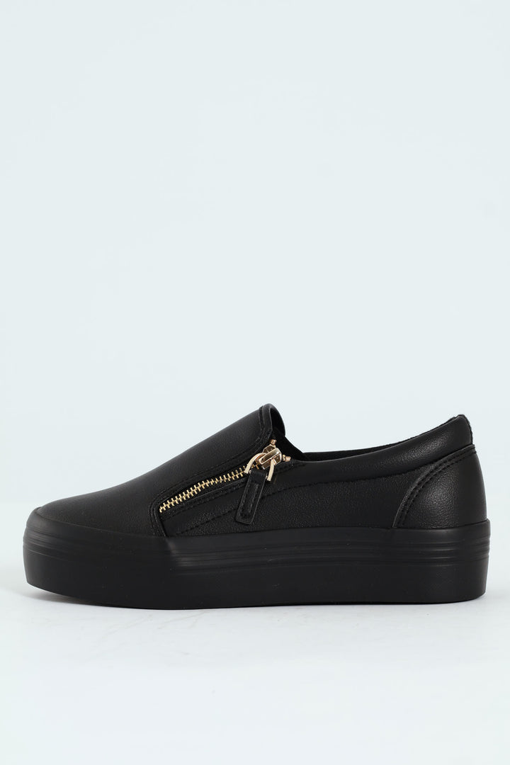 Platform Mono Slip On Sneaker With Side Zip - Black