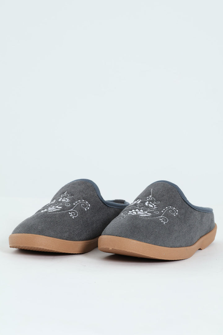 Fully Closed Embroidered Slipper - Dark Grey