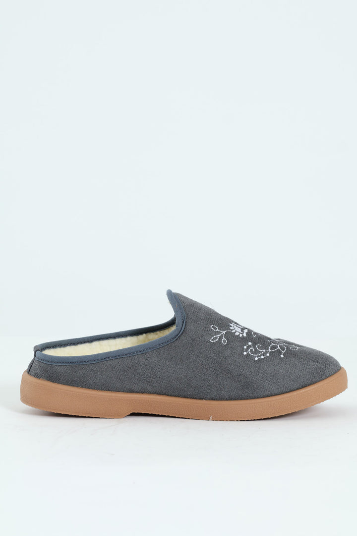 Fully Closed Embroidered Slipper - Dark Grey