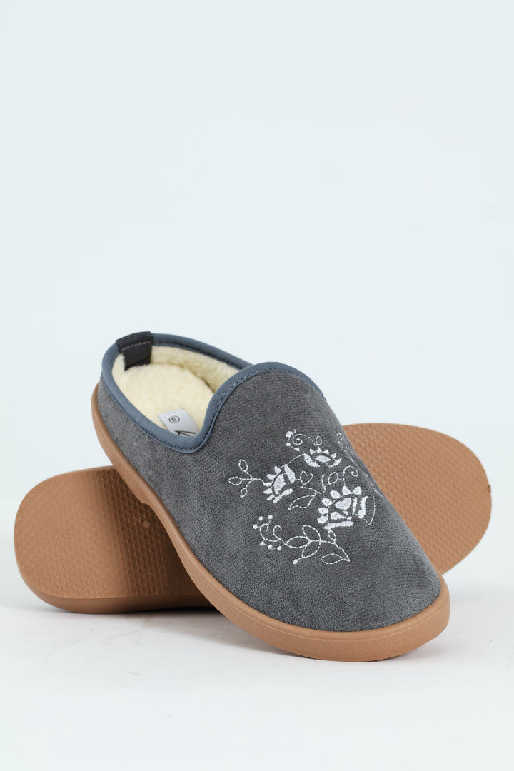 Fully Closed Embroidered Slipper - Dark Grey