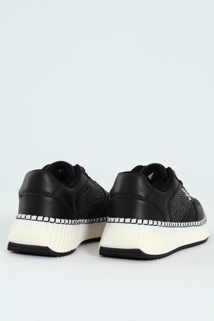 Sandy Platform Raffia Sneaker - Black/White