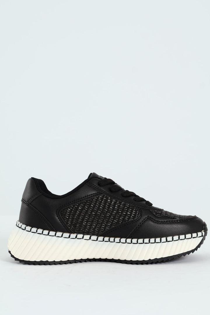 Sandy Platform Raffia Sneaker - Black/White