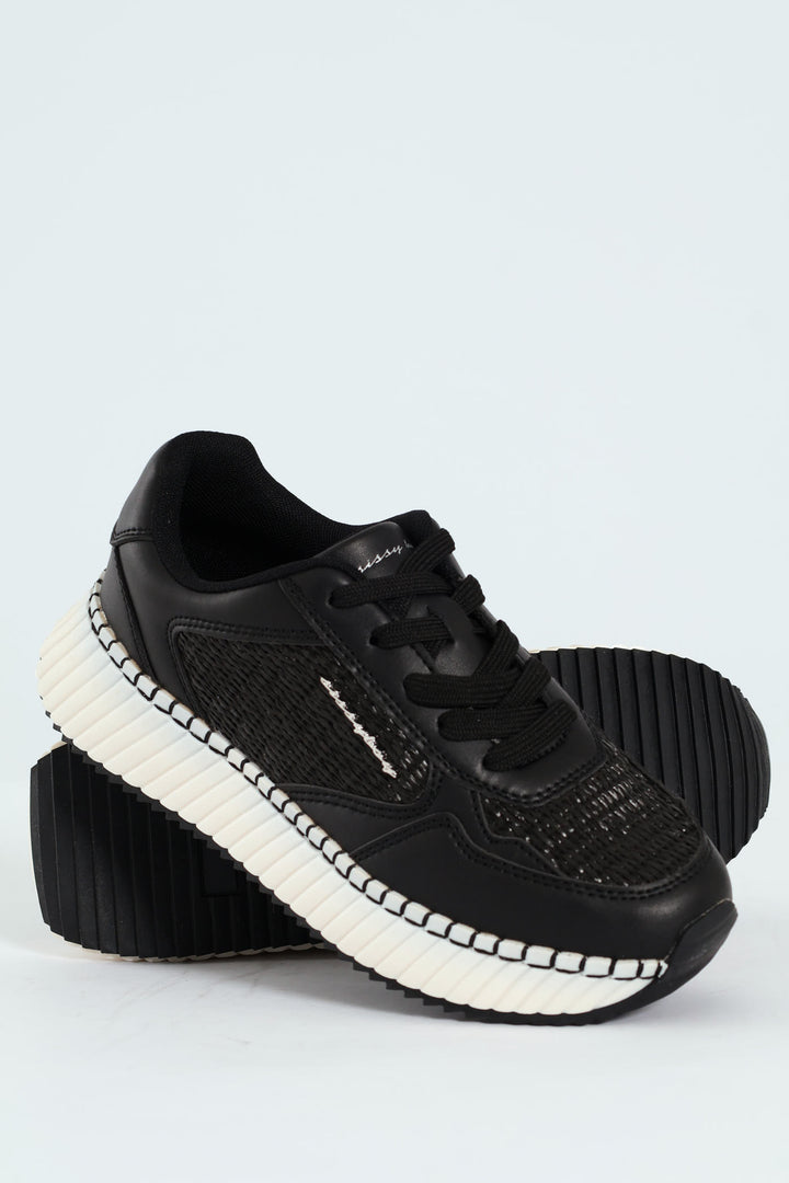 Sandy Platform Raffia Sneaker - Black/White