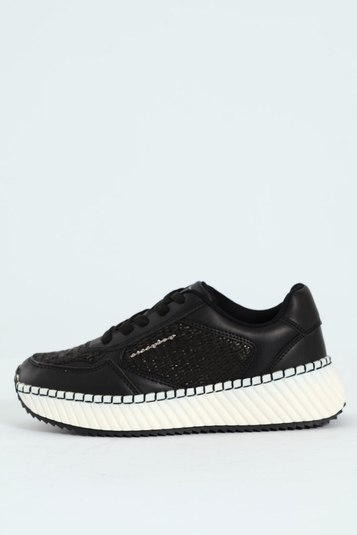 Sandy Platform Raffia Sneaker - Black/White