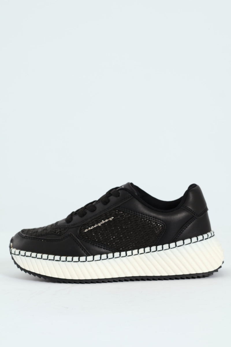 Sandy Platform Raffia Sneaker - Black/White