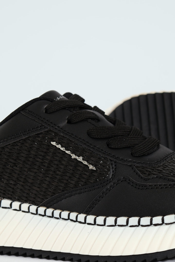 Sandy Platform Raffia Sneaker - Black/White