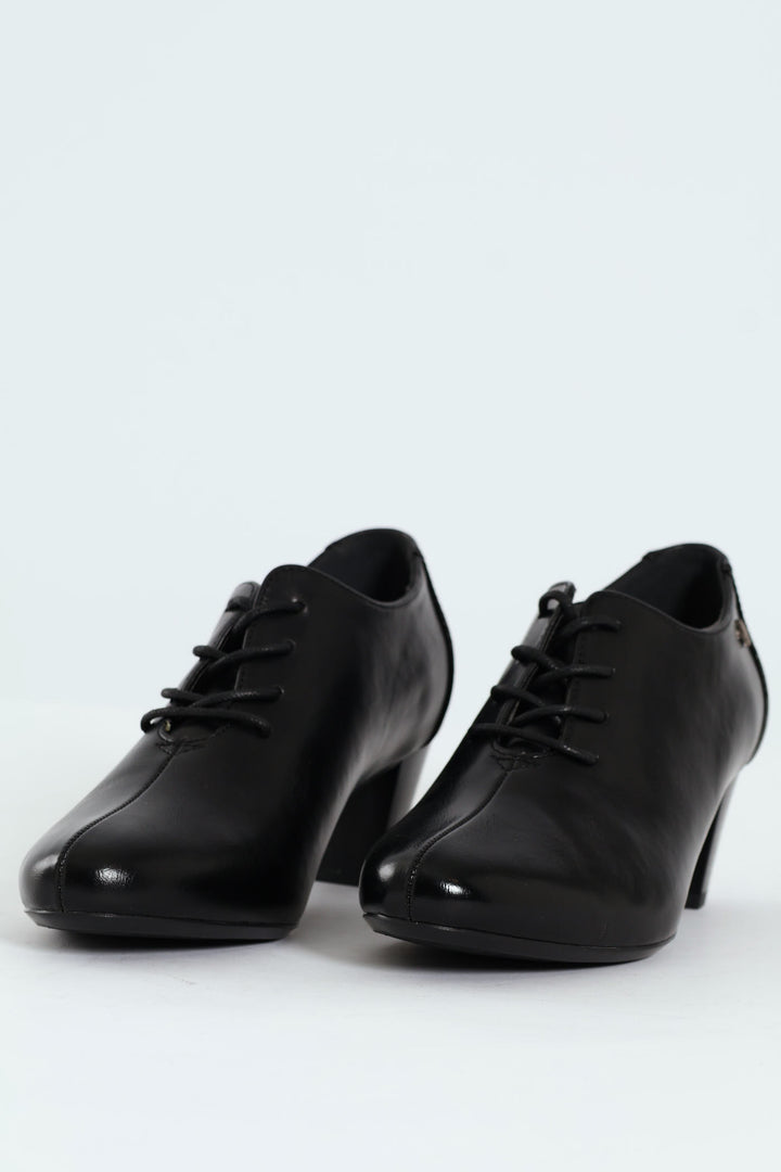 Amrita Pointed Toe Lace Up Block Kitten Heel - Black