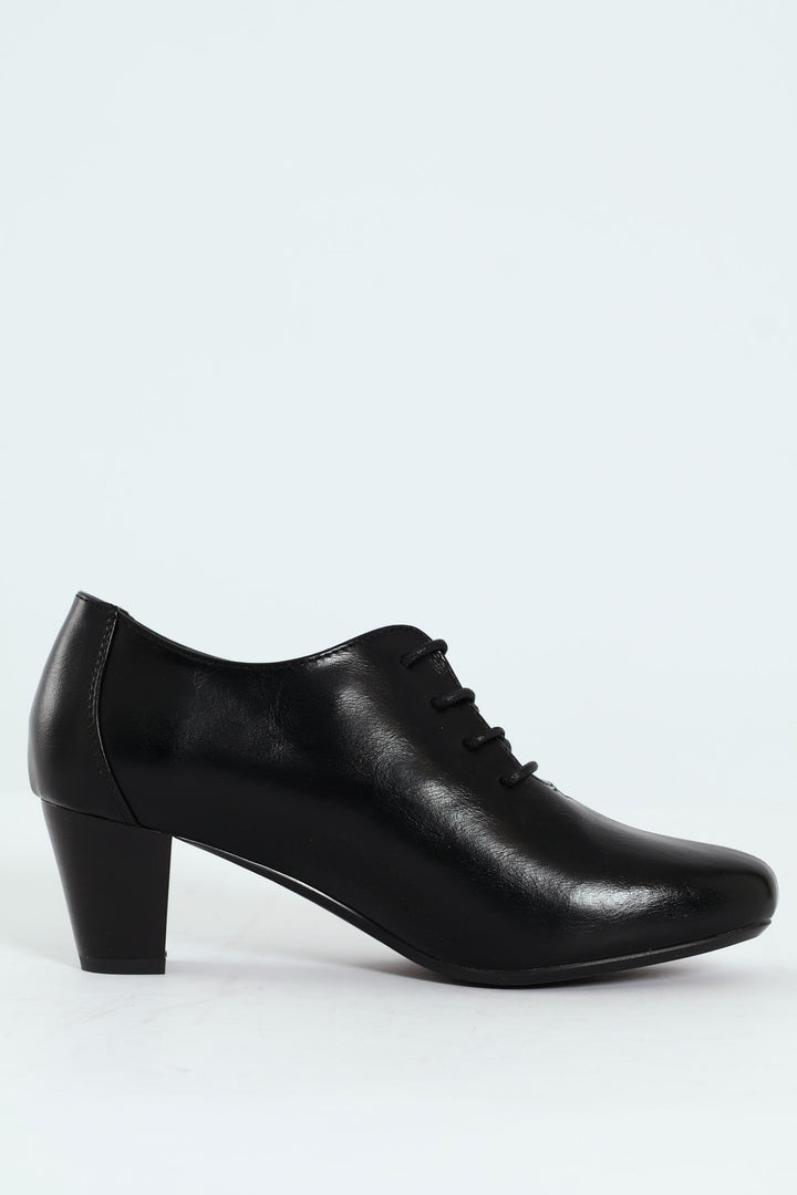 Amrita Pointed Toe Lace Up Block Kitten Heel - Black