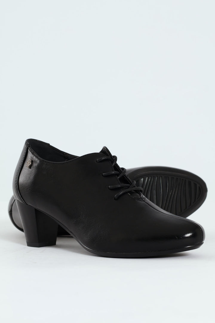 Amrita Pointed Toe Lace Up Block Kitten Heel - Black