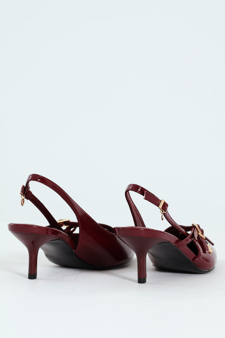 Multi Buckle Pointed Toe Slingback Heel - Red