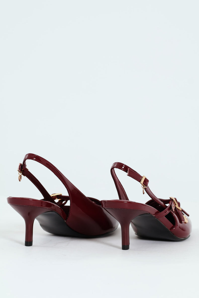 Multi Buckle Pointed Toe Slingback Heel - Red