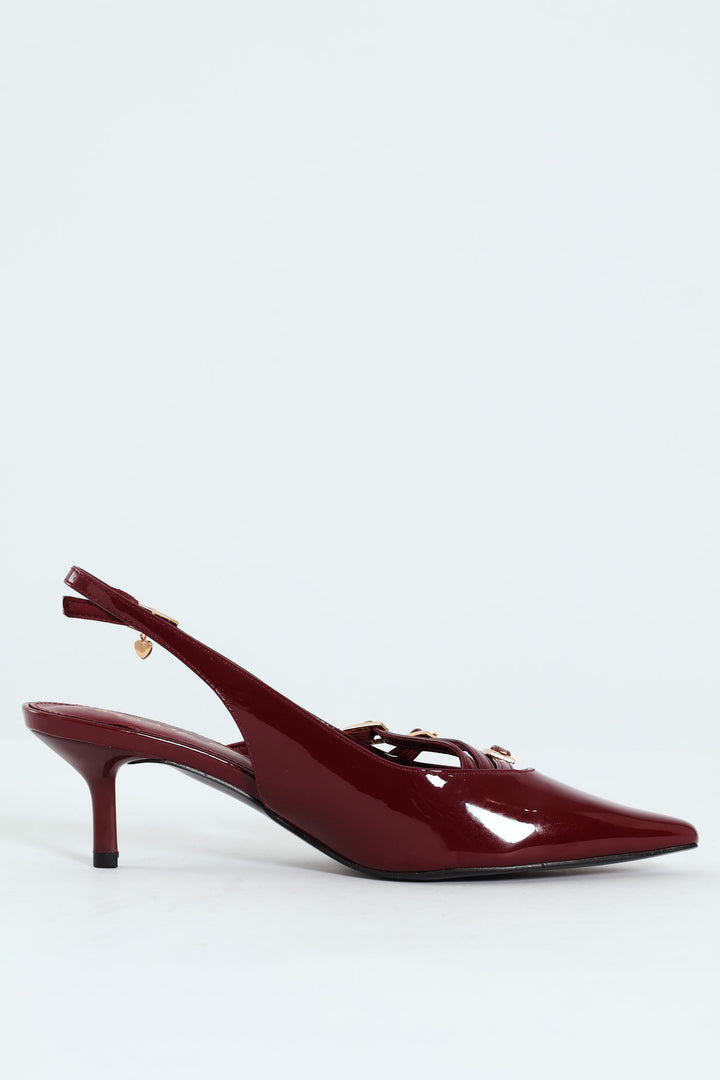 Multi Buckle Pointed Toe Slingback Heel - Red