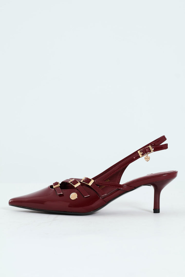 Multi Buckle Pointed Toe Slingback Heel - Red